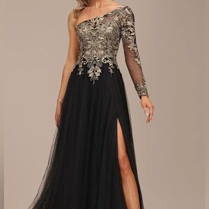 JJs House Black Evening Gown with Gold Appliqué Bodice